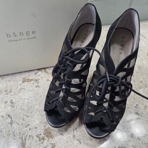 Hinge Black‎ Leather Lace Up Peep Toe Cork Wedge Heels Women's Size 8.5M
